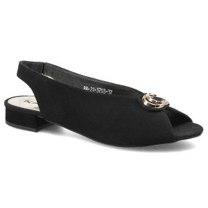 Czarne Sandały Karino Damskie Eleganckie Obuwie. Czarne sandały Karino, z aplikacjami, z materiału, bez obcasa, na płaskiej podeszwie, bez zapięcia. Za 199,00 zł.