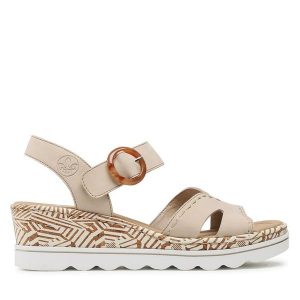 Sandały Rieker. Brązowe sandały Rieker, bez wzorów, bez obcasa, na koturnie, bez zapięcia. Za 299,99 zł.