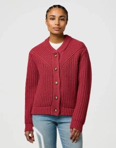 DAMSKI SWETER WRANGLER WESTERN CARDIGAN EARTH RED 112370797. Czerwone kardigany Wrangler. Za 159,99 zł.