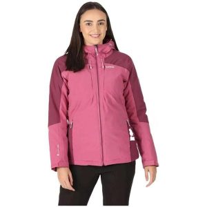 Kurtka turystyczna zimowa damska Highton ze stretchem. Czerwone kurtki Regatta, na zimę, bez wzorów, bez kaptura. Za 265,70 zł.