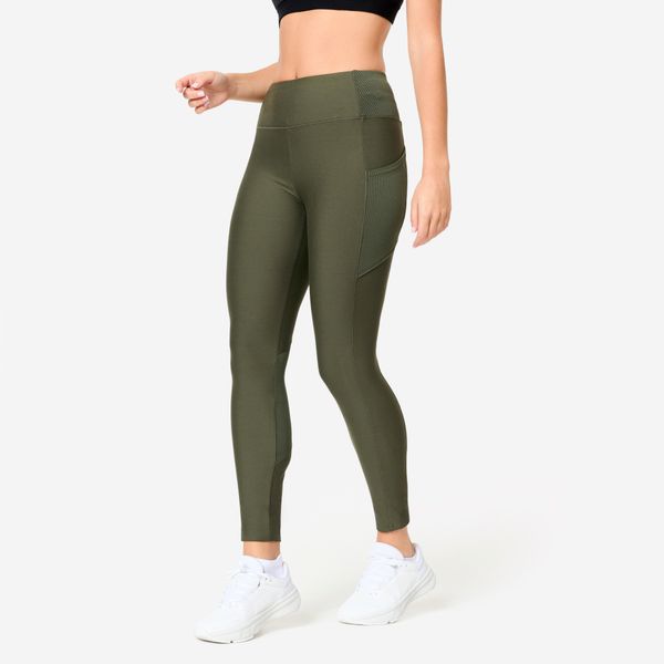 Legginsy fitness damskie Domyos. Brązowe legginsy DOMYOS, bez wzorów, z elastanu, z podwyższonym stanem. W wyprzedaży za 49,99 zł.