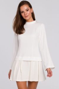 Elegancka sukienka mini z kontrafałdami ecru. Sukienki Sukienki.shop, l, bez wzorów, eleganckie, bez kołnierzyka, bez ramiączek, mini, rozkloszowane. W wyprzedaży za 195,00 zł.
