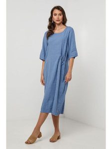 Lin Passion Lniana sukienka w kolorze błękitnym rozmiar: 34/36. Niebieskie sukienki Lin Passion, na co dzień, z aplikacjami, ze lnu, klasyczne, bez kołnierzyka, bez ramiączek, midi, proste. Za 173,99 zł.
