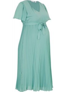 Sukienka ciążowa plisowana. Zielone sukienki bonprix, bez wzorów, eleganckie, bez kołnierzyka, moda ciążowa, bez ramiączek. Za 229,99 zł.