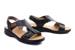 RIEKER 64577-00 black, sandały damskie. Czarne sandały Rieker, bez wzorów, bez obcasa, bez zapięcia. Za 239,92 zł.