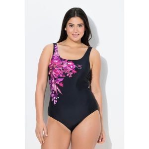 Damskie Kostium kąpielowy kwiaty bez miękkich miseczek okrągły dekolt. Czarne stroje jednoczęściowe Ulla Popken, bez wzorów, z elastanu. Za 199,99 zł.