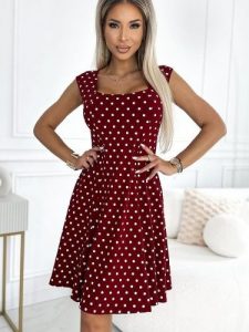 Sukienka Model Stella 241-3 Bordo Groszki - Numoco. Białe sukienki NUMOCO, na co dzień, l, bez wzorów, z bawełny, bez kołnierzyka, plus size, bez ramiączek. Za 287,15 zł.