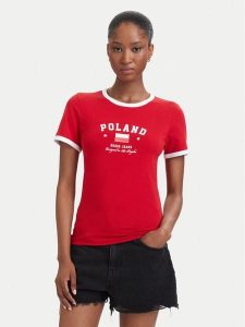 Guess Jeans T-Shirt W6YI16 K3995 Czerwony Slim Fit. Czerwone t-shirty Guess Jeans, xxl, z aplikacjami, z bawełny, bez kołnierzyka, bez ramiączek. Za 159,99 zł.