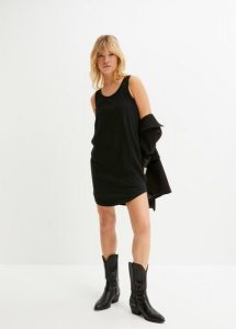 Sukienka shirtowa z bawełny z koronką. Czarne sukienki bonprix, bez wzorów, z bawełny, bez kołnierzyka, bez ramiączek. Za 74,99 zł.