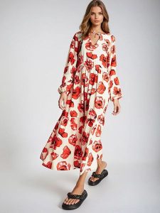 Monki Sukienka w kolorze kremowo-czerwonym rozmiar: XXS. Brązowe sukienki Monki, xxs, bez wzorów, z wiskozy, bez kołnierzyka, bez ramiączek, maxi. Za 43,99 zł.