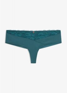 Stringi panty z elegancką koronką i bezszwowym tyłem. Niebieskie stringi bonprix, bez wzorów, z koronki. Za 29,99 zł.