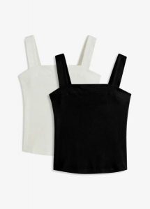 Top w prążek (2 szt.) z bawełny organicznej. Białe topy bonprix, bez wzorów, z bawełny, bez kołnierzyka, bez ramiączek. Za 67,99 zł.