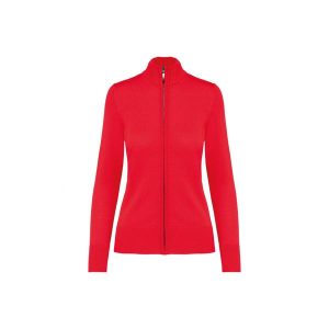 Damski kardigan zapinany na zamek Kariban. Czerwone kurtki KARIBAN, bez wzorów, bez kaptura. W wyprzedaży za 154,00 zł.