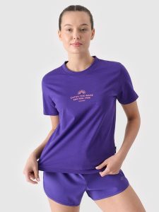 4F T-shirt regular z nadrukiem damski - fioletowy S. Fioletowe t-shirty 4f, s, bez wzorów, z bawełny, bez kołnierzyka, bez ramiączek. W wyprzedaży za 29,99 zł.