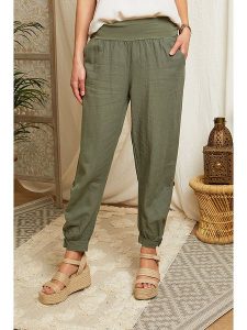 Lin Passion Lniane spodnie w kolorze khaki rozmiar: 34/36. Brązowe spodnie z wysokim stanem Lin Passion, bez wzorów, ze lnu, z podwyższonym stanem. Za 131,74 zł.