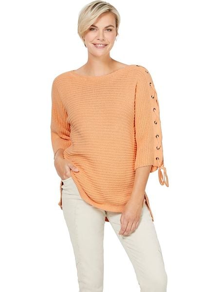 Heine Sweter w kolorze brzoskwiniowym rozmiar: 38. Pomarańczowe swetry oversize Heine, bez wzorów, z bawełny, bez ramiączek. Za 39,40 zł.