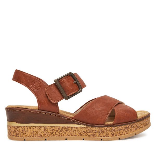 Sandały Rieker. Brązowe sandały Rieker, bez wzorów, bez obcasa, na koturnie, bez zapięcia. Za 329,99 zł.