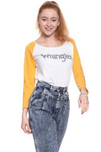 WRANGLER T SHIRT DAMSKI RAGLAN CROP LS TEE WHITE W718CF912 112130920. Białe t-shirty Wrangler, s, bez wzorów, bez kołnierzyka, bez ramiączek. W wyprzedaży za 39,99 zł.