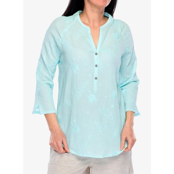 Koszula turystyczna damska Royal Robbins Oasis Tunic II 3/4 Sleeve. Zielone koszule ROYAL ROBBINS, bez wzorów, bez kołnierzyka, bez ramiączek. Za 293,99 zł.