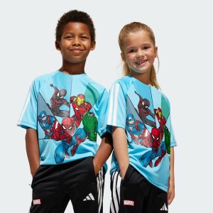 Koszulka Adidas Marvel Spider-Man. Białe bluzki ADIDAS, bez wzorów, z materiału, sportowe, bez kołnierzyka, bez ramiączek. Za 126,90 zł.