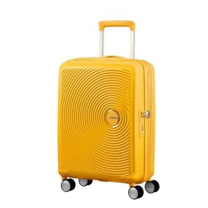 Walizka turystyczna Soundbox Spinner 55 TSA EXP 35,5L. Żółte walizki AMERICAN TOURISTER, bez wzorów. W wyprzedaży za 656,55 zł.