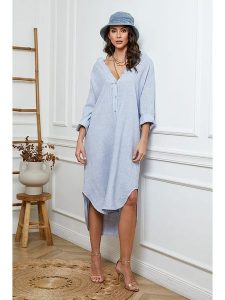 Fleur de Lin Lniana sukienka w kolorze błękitnym rozmiar: M. Niebieskie sukienki Fleur de Lin, na co dzień, m, bez wzorów, ze lnu, bez kołnierzyka, bez ramiączek, midi, proste. Za 171,68 zł.