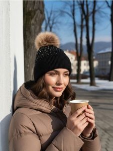 Czapka z pomponem - czarny. Czarne czapki Sinsay, bez wzorów. Za 29,99 zł.