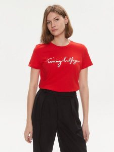 Tommy Hilfiger T-Shirt Signature WW0WW41674 Czerwony Regular Fit. Czerwone t-shirty TOMMY HILFIGER, xs, bez wzorów, z bawełny, bez kołnierzyka, bez ramiączek. Za 119,99 zł.
