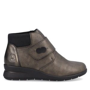 Botki Rieker. Szare botki Rieker, bez wzorów, bez obcasa, na koturnie, bez zapięcia. Za 299,99 zł.