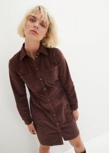 Sukienka sztruksowa ze stretchem. Brązowe sukienki bonprix, bez wzorów, ze sztruksu, bez kołnierzyka, bez ramiączek. Za 142,99 zł.