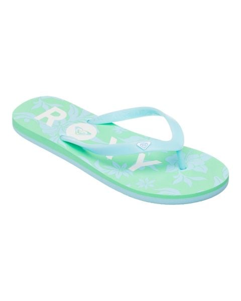 Klapki dla Kobiety TAHITI. Niebieskie klapki Roxy, bez wzorów, z materiału, bez obcasa. Za 89,99 zł.