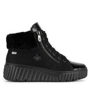 Trzewiki Rieker. Czarne botki Rieker, bez wzorów, bez obcasa, na koturnie, bez zapięcia. Za 311,99 zł.