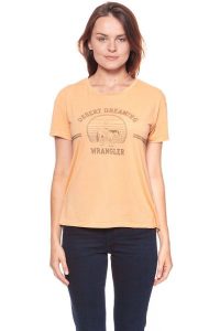 WRANGLER T SHIRT DAMSKI DRAPE TEE APRICOT NECTAR W7016DI65 112130884. Pomarańczowe t-shirty Wrangler, xs, bez wzorów, bez kołnierzyka, bez ramiączek. W wyprzedaży za 39,99 zł.
