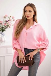 Koszula bawełniana muślinowa Plus Size cukierkowy róż. Czerwone koszule Kesi Włoski, l, bez wzorów, z bawełny, bez kołnierzyka, plus size, bez ramiączek. Za 188,21 zł.