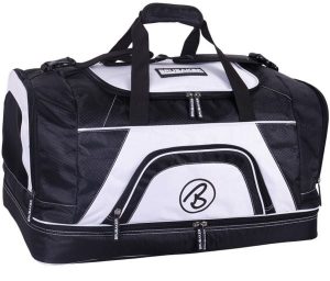 BRUBAKER torba sportowa 52 L - z przegrodą na mokre rzeczy i buty - czarno-biała. Białe torby podróżne i sportowe X2, bez wzorów, z materiału, na ramię, duże. Za 188,99 zł.