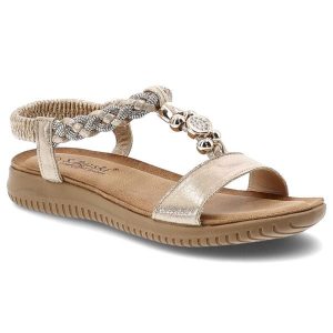 Sandały damskie S.Barski, cholewka ze skóry ekologicznej wsuwane na płaskiej podeszwie, złote, KV61-6051. Żółte sandały S.BARSKI, bez wzorów, ze skóry ekologicznej, bez obcasa, na płaskiej podeszwie, bez zapięcia. Za 129,00 zł.