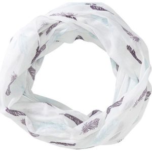 Szal koło z nadrukiem w pióra bonprix biel wełny - jagodowy - matowy lila - topaz. Białe szaliki marki bonprix, z nadrukiem, z wełny. Za 44,99 zł.