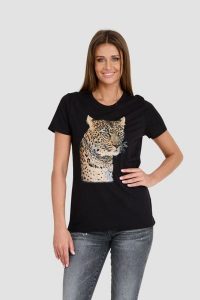 GUESS Czarny T-shirt Leopard Jewel Easy Tee. Czarne t-shirty Guess, s, z aplikacjami, bez kołnierzyka, bez ramiączek. W wyprzedaży za 163,99 zł.