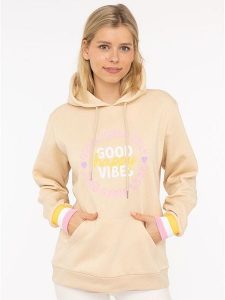 Zwillingsherz Bluza "Good Vibes Only" w kolorze beżowym rozmiar: L/XL. Brązowe bluzy Zwillingsherz, l, bez wzorów, z kapturem. Za 206,91 zł.