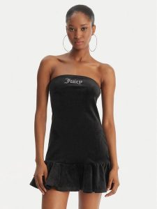 Juicy Couture Sukienka codzienna Ruffle JCWED126311 Czarny Slim Fit. Czarne kombinezony Juicy Couture, na co dzień, xxs, bez wzorów, z weluru, bez kołnierzyka, bez ramiączek, proste. Za 299,99 zł.