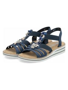 Rieker Sandały w kolorze granatowym rozmiar: 36. Niebieskie sandały Rieker, z aplikacjami, z otwartym noskiem, bez obcasa, na koturnie, bez zapięcia. Za 144,24 zł.