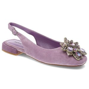 Fioletowe Sandały Alma En Pena Eleganckie Obuwie Damskie. Fioletowe sandały Alma en Pena, bez wzorów, z zamszu, bez obcasa, bez zapięcia. Za 459,00 zł.
