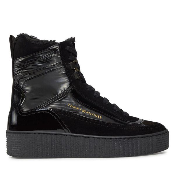 Trzewiki Tommy Hilfiger. Czarne botki TOMMY HILFIGER, bez wzorów, bez obcasa, na płaskiej podeszwie, bez zapięcia. Za 439,99 zł.