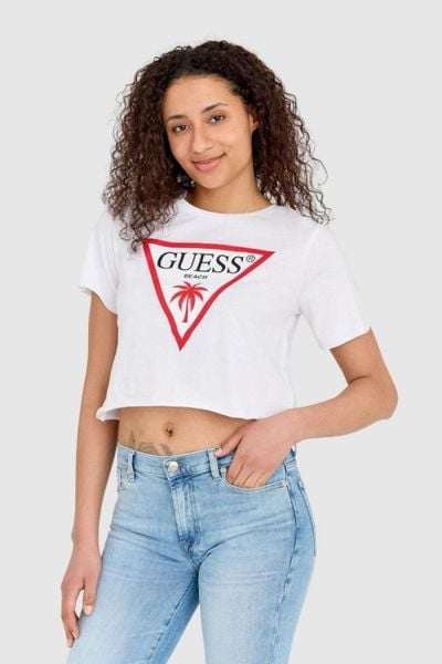 GUESS Biały krótki t-shirt damski bawełniany z surowym wykończeniem boxy fit, Rozmiar XL. Białe t-shirty Guess, s, z aplikacjami, z bawełny, bez kołnierzyka, bez ramiączek. W wyprzedaży za 96,99 zł.
