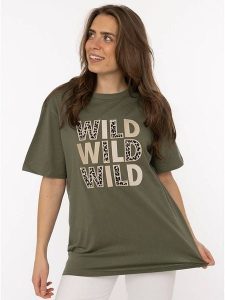 Zwillingsherz Koszulka "Wild Wild Wild" w kolorze khaki rozmiar: M. Brązowe bluzki Zwillingsherz, m, bez wzorów, z bawełny, bez kołnierzyka, bez ramiączek. Za 82,99 zł.