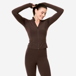 Bluza na zamek damska Domyos fitness. Brązowe bluzy DOMYOS, xl, bez wzorów, z elastanu, bez kaptura. Za 159,99 zł.