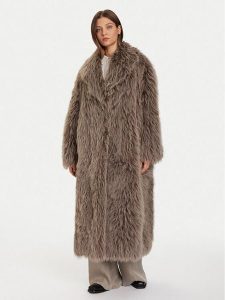 Eleh Futro Grigio Fango EFW250305 Brązowy Regular Fit. Brązowe płaszcze Eleh, bez wzorów, z futra, bez kaptura. Za 649,99 zł.