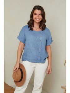 Curvy Lady Lniana koszulka w kolorze niebieskim rozmiar: 40/42. Niebieskie bluzki Curvy Lady, bez wzorów, ze lnu, klasyczne, bez kołnierzyka, bez ramiączek. Za 109,78 zł.