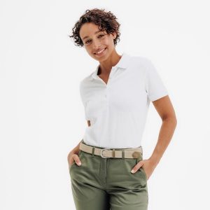 Koszulka polo do golfa z krótkim rękawem damska Inesis MW500. Białe bluzki INESIS, m, bez wzorów, z bawełny, klasyczne, bez kołnierzyka, bez ramiączek. Za 59,99 zł.