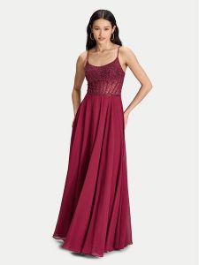 Hey Kyla Sukienka wieczorowa 5AK023HK Bordowy Regular Fit. Czerwone sukienki Hey Kyla, bez wzorów, z syntetyku, wizytowe, bez kołnierzyka, bez ramiączek. Za 625,99 zł.